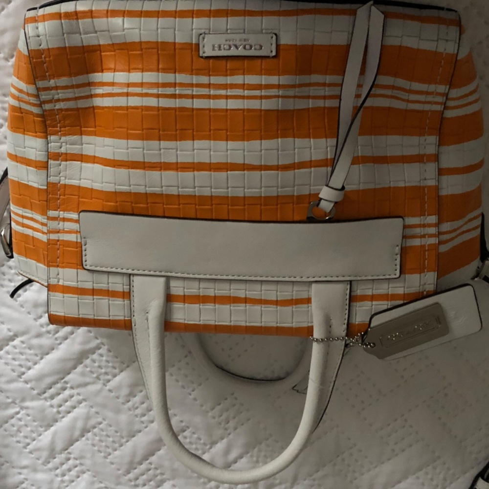 Coach White and Mandarin Leather Purse with Handles and Long Strap